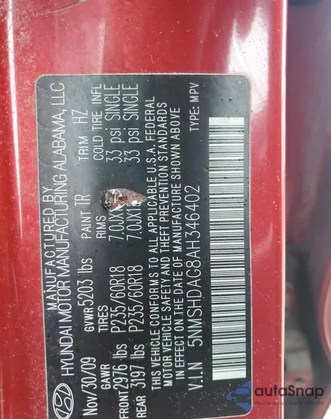 2010 Hyundai Santa Fe Se from USA, damaged, VIN 5NMSHDAG8AH346402